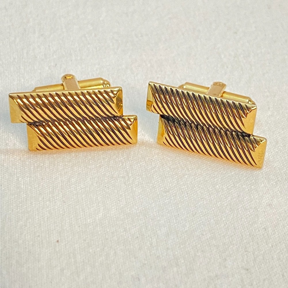 💎Mens Cuff Links Gold Tone Geometric Double Bar Twill Pattern Bullet Back Toggle